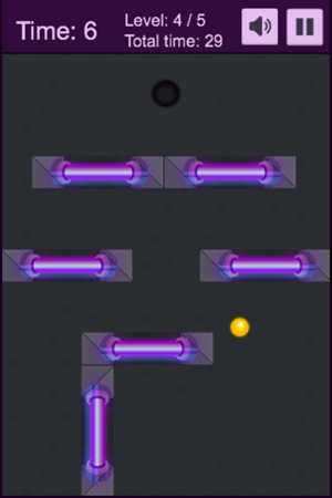 Ein 2D-Spielbrett mit einem kleinen gelben Ball. Es gibt ein großes schwarzes Loch, durch das der Ball entkommen kann, und mehrere Barrieren, die den Ball daran hindern, zu entkommen.