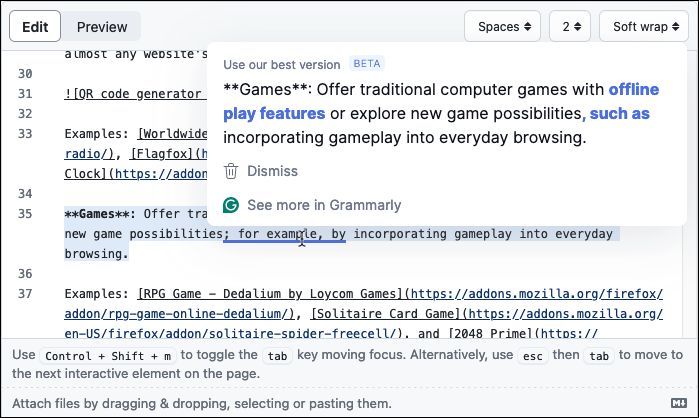 Die Grammarly-Erweiterung zeigt einen Bearbeitungshinweis im GitHub-Editor.