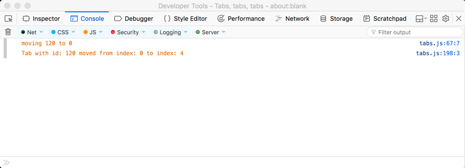 Beispiel für die Konsolenausgabe von console.log, aus der Verschiebe-Tabs-Funktion, in der Debugging-Konsole