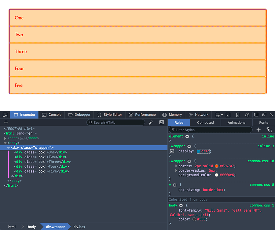 Using the grid highlighter in Firefox DevTools to view a grid